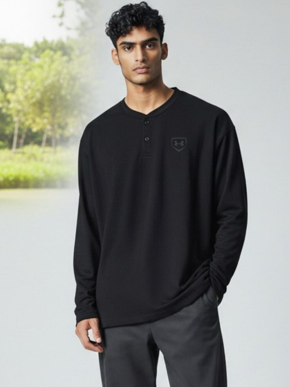 UA Under Armour Men Large Black Loose Fit Long Sleeve Henley Jacket Size L